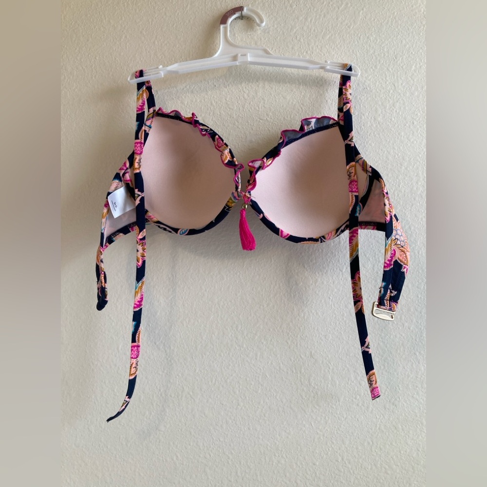 Shade & Shore Navy Pink Floral Bikini Top Size 34D Ruffle Tassel Swim - Picture 2 of 6